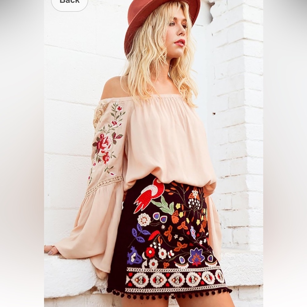 Umgee Pom Pom Black Mini Skirt with Colorful Embroidered Birds and Florals - Picture 2 of 12